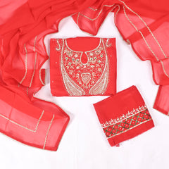 Organza Red Unstitched Suit