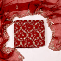 Organza Maroon Unstitched Suit