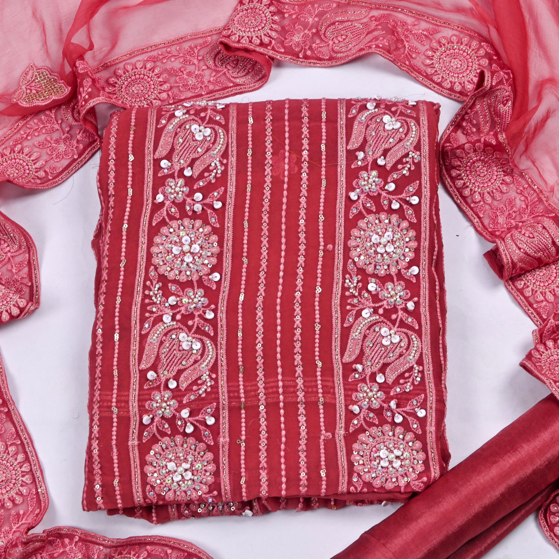Georgette Red Unstitched Suit