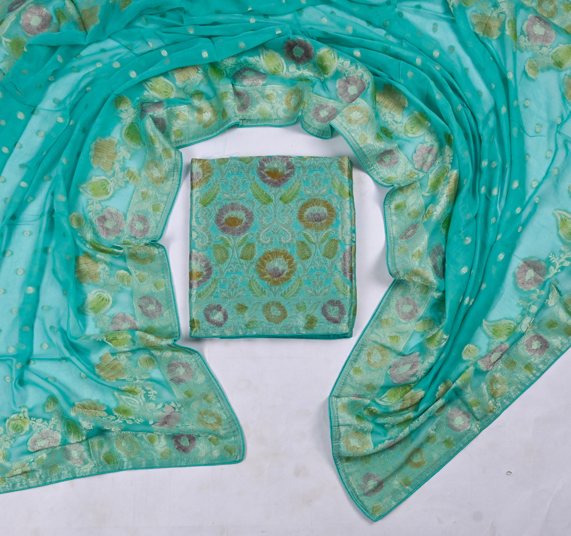 Banarasi Aqua Blue Unstitched Suit