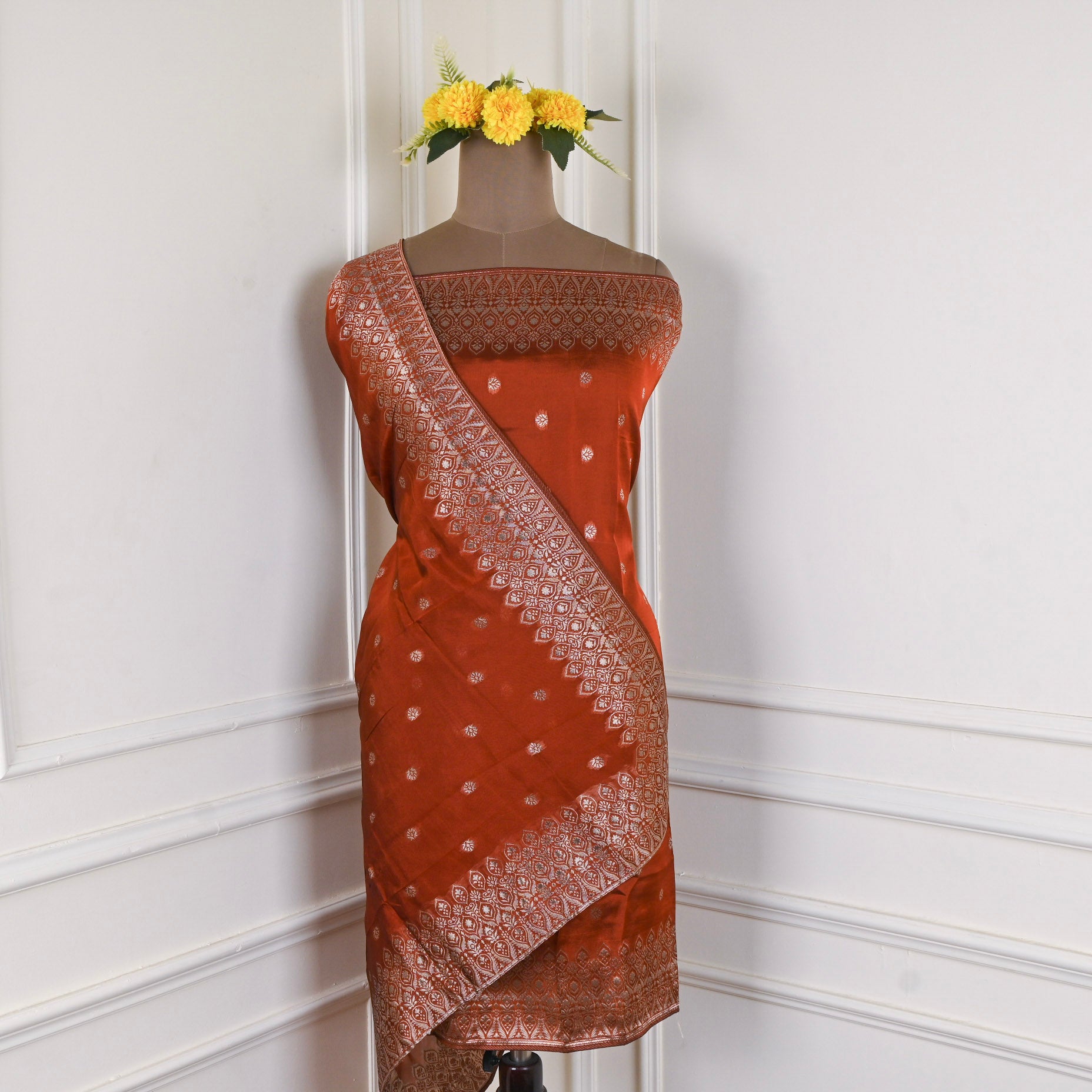 Banarasi Silk Rust Unstitched Suit