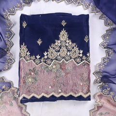 Glass Organza Navy Blue Unstitched Suit
