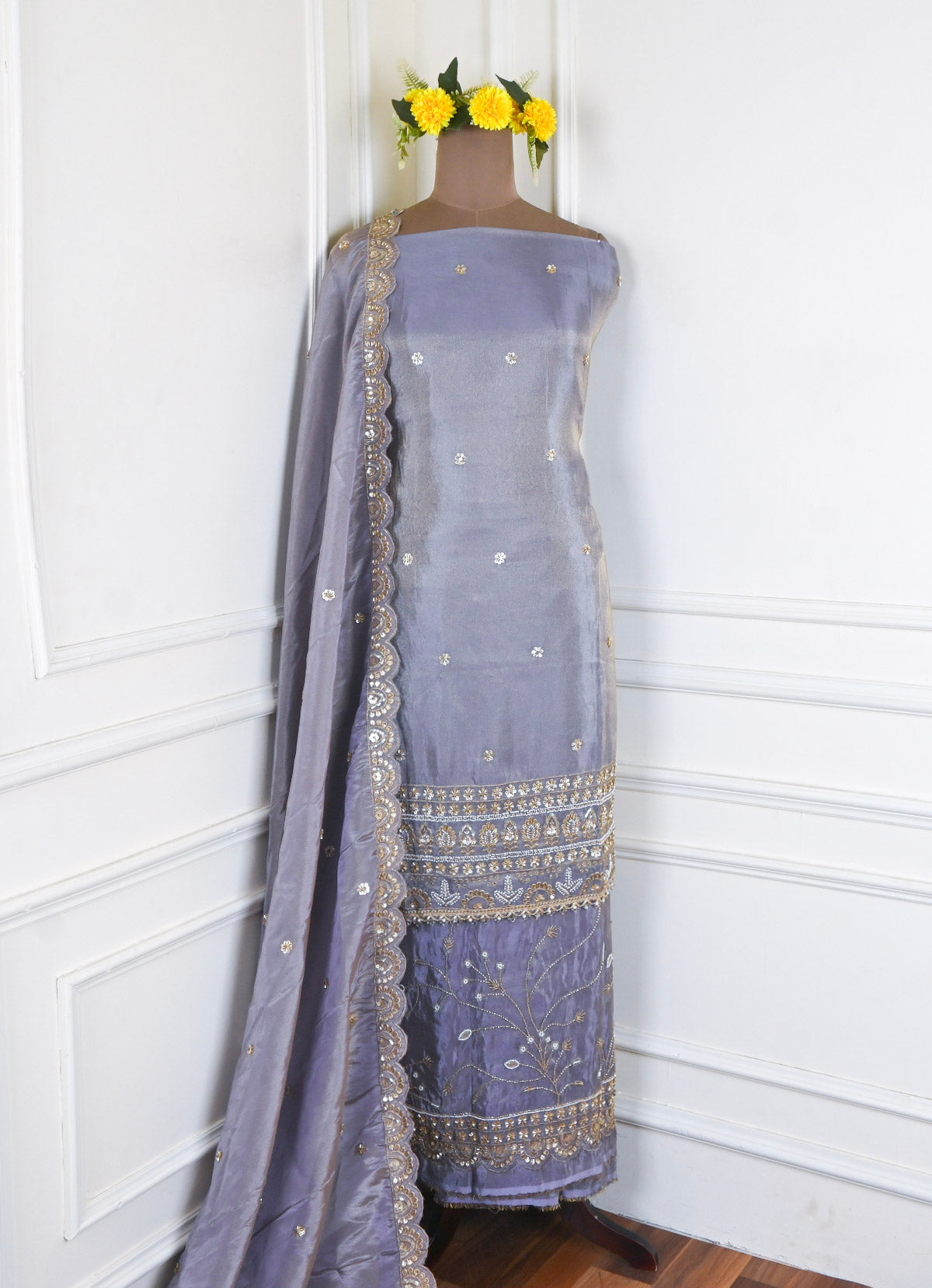 Shimmer Mauve Grey Unstitched Lehenga Suit