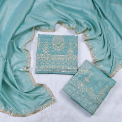 Shimmer Ice Blue Unstitched Lehenga Suit