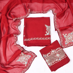 Twill Organza Maroon Unstitched Suit