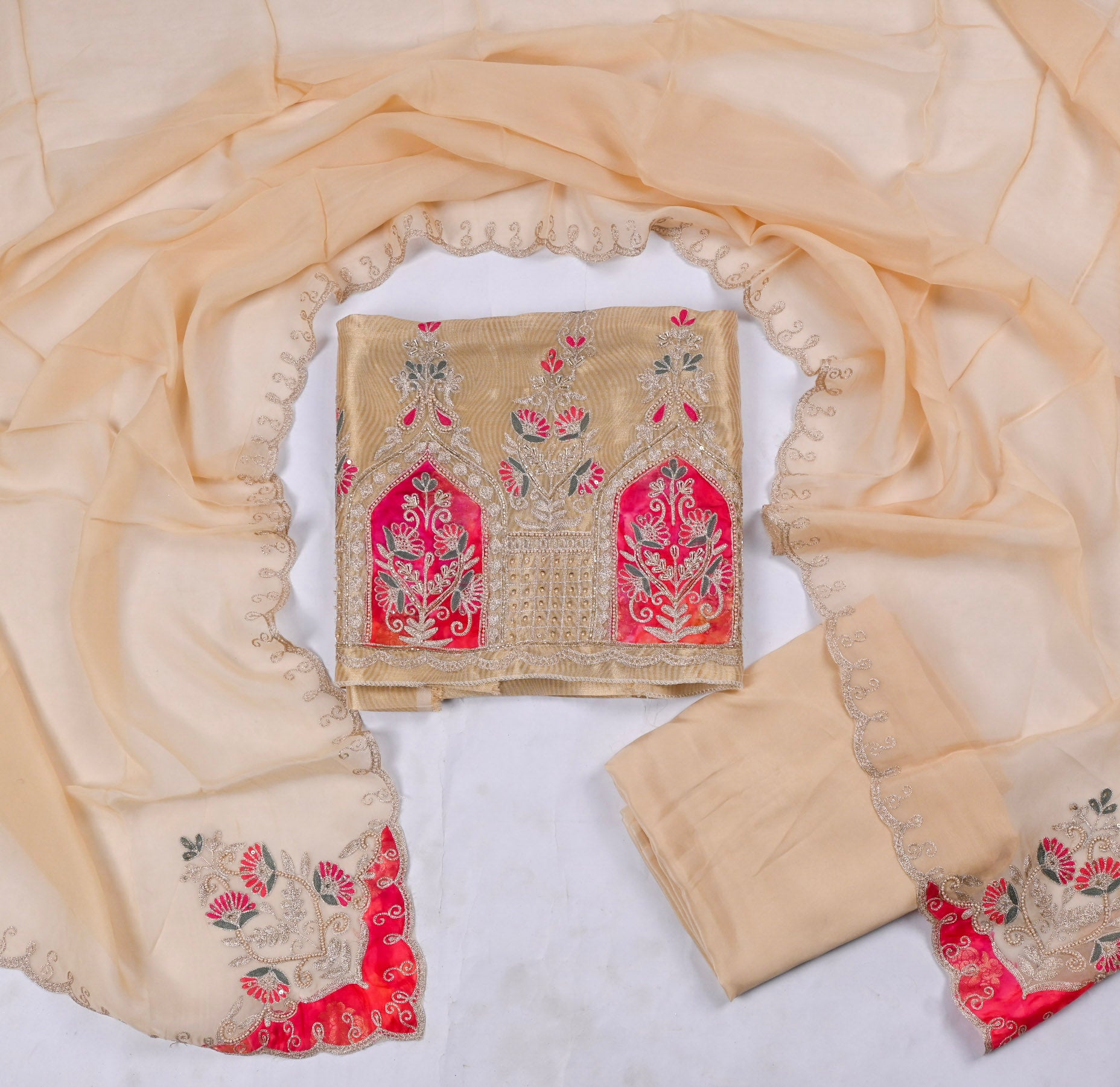 Banarasi Shimmer Beige Unstitched Suit