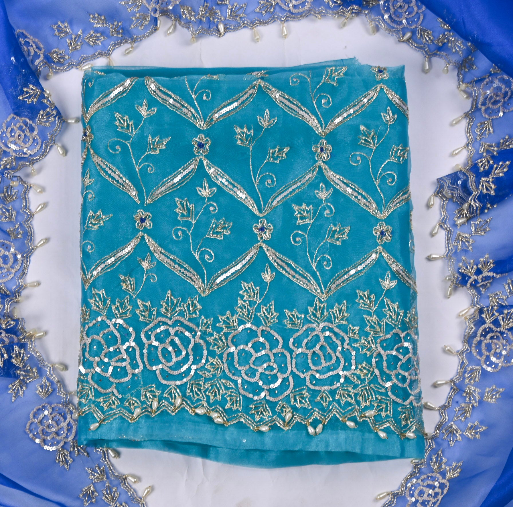 Glass Organza Aqua Blue Unstitched Suit