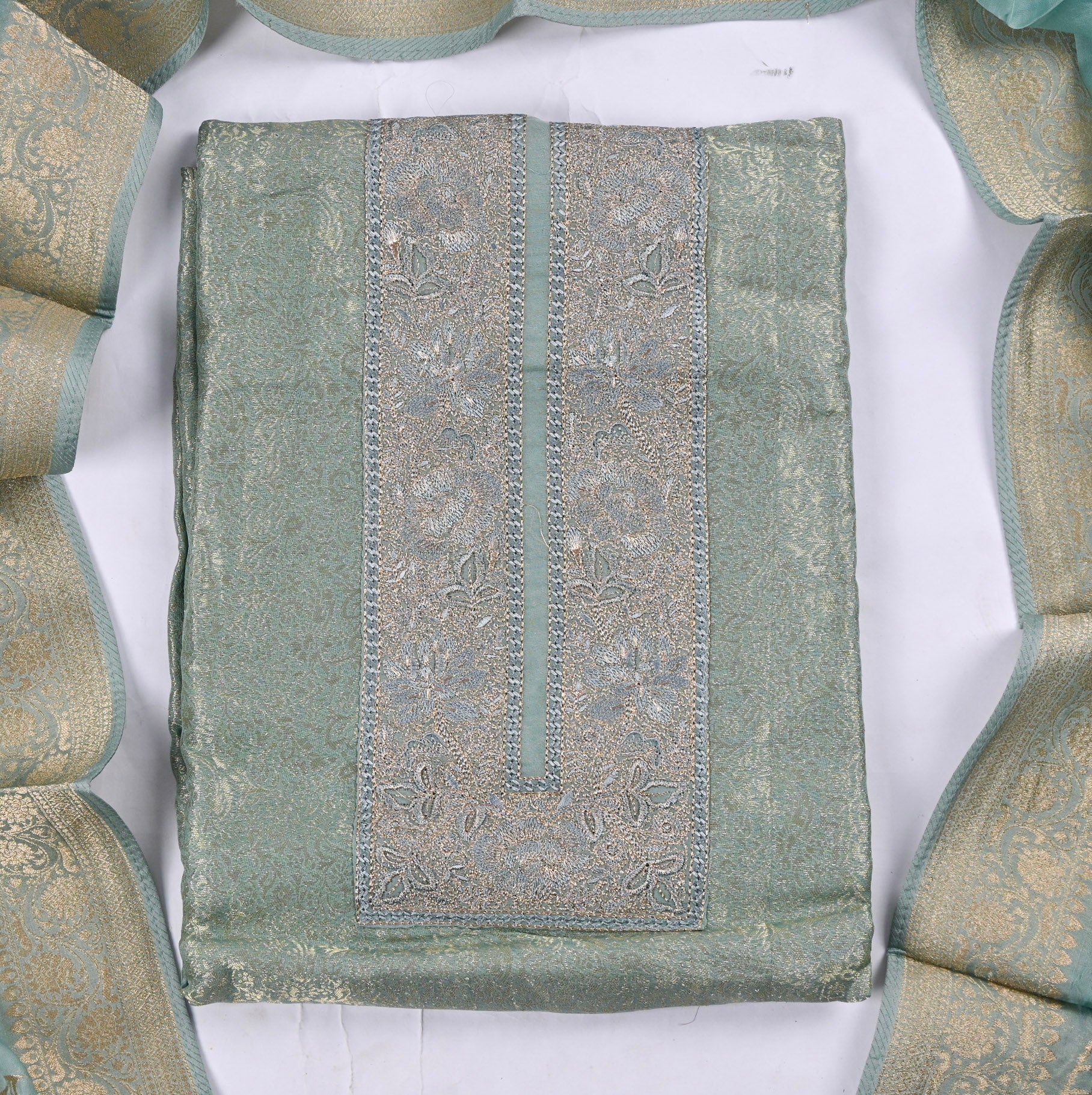 Banarasi Silk Pista Green Unstitched Suit