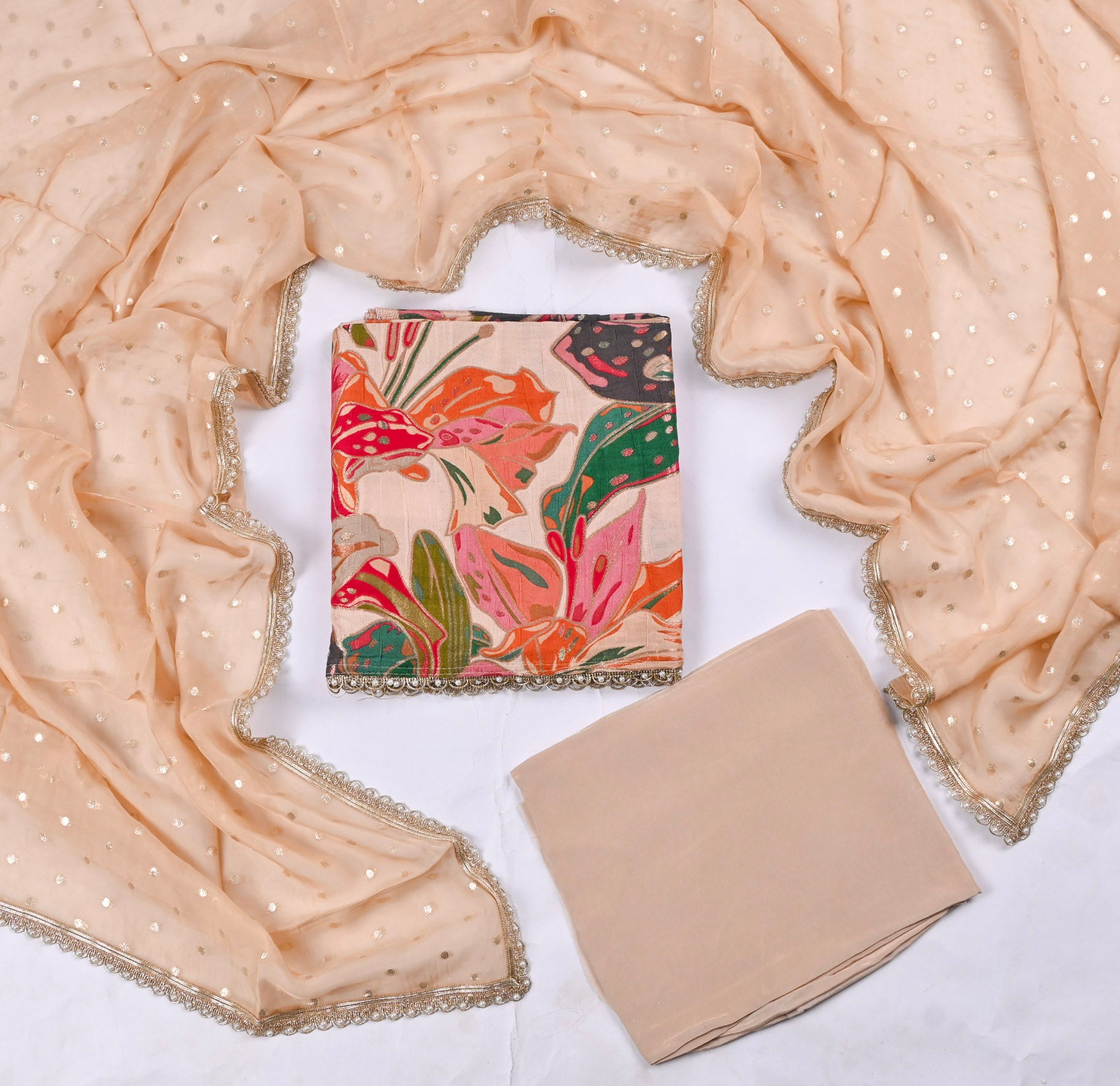 Banarasi Silk Beige Unstitched Suit
