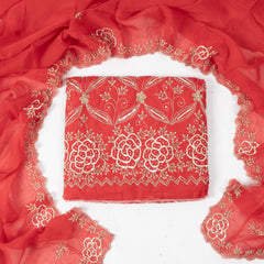 Organza Red Unstitched Suit