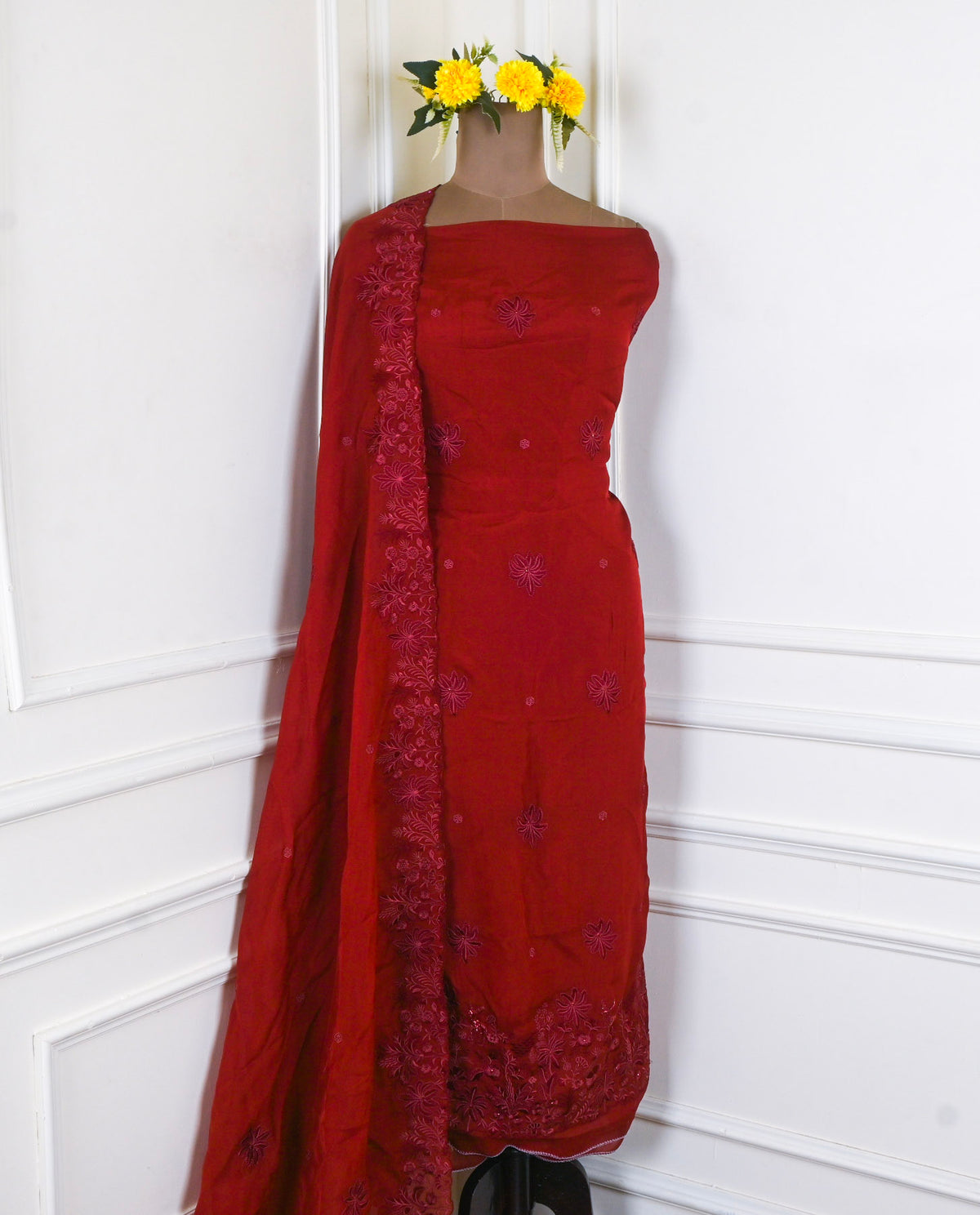 Organza Maroon Unstitched Suit