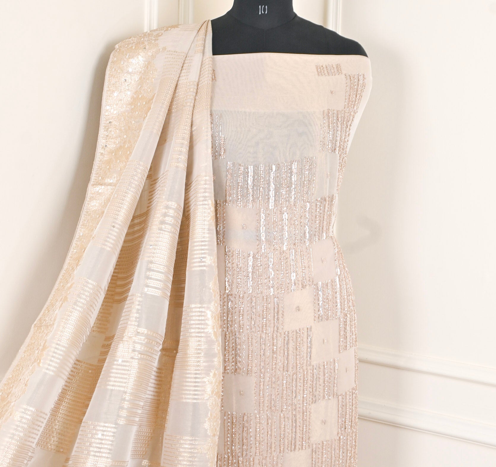 Glass Shimmer Cream Unstitched Suit