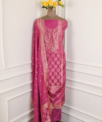 Banarasi Pink Unstitched Suit