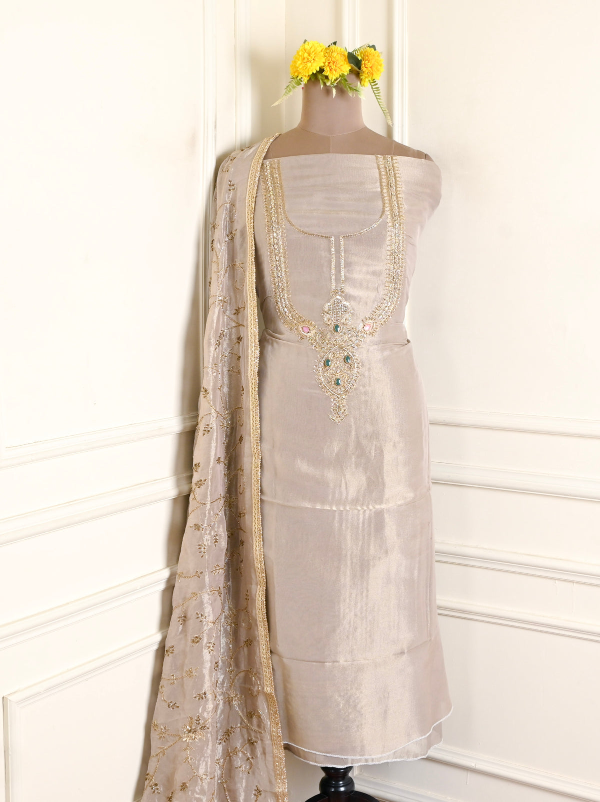 Tissue Shimmer Beige Unstitched Suit
