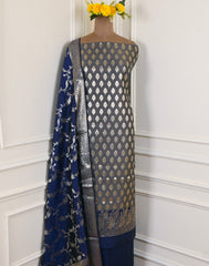 Banarasi Silk Grey Unstitched Suit