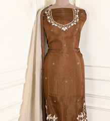Organza Silk Brown Unstitched Suit