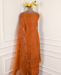 Organza Brown Unstitched Suit