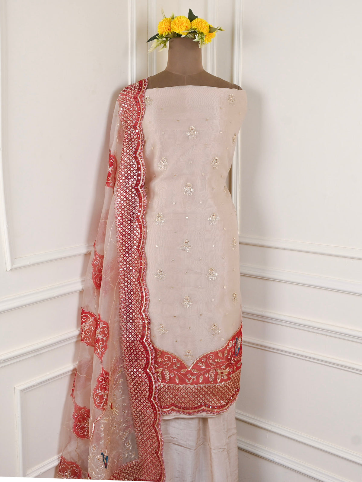 Glass Shimmer Beige Unstitched Suit