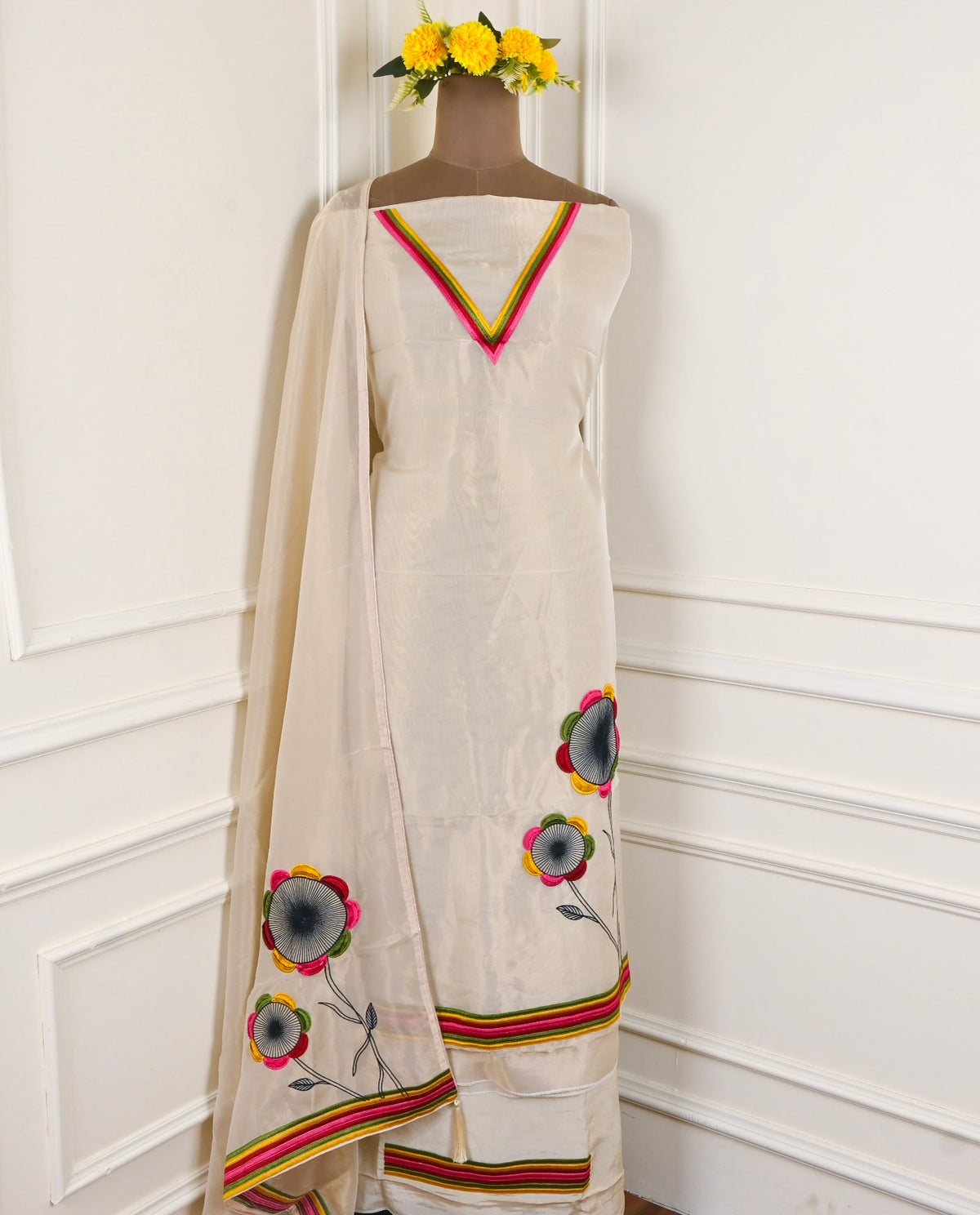 Pure Tissue Kanjivaram Beige Unstitched Suit