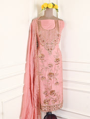 Organza Peach Unstitched Suit