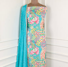 Banarasi Silk Sky Blue Unstitched Suit