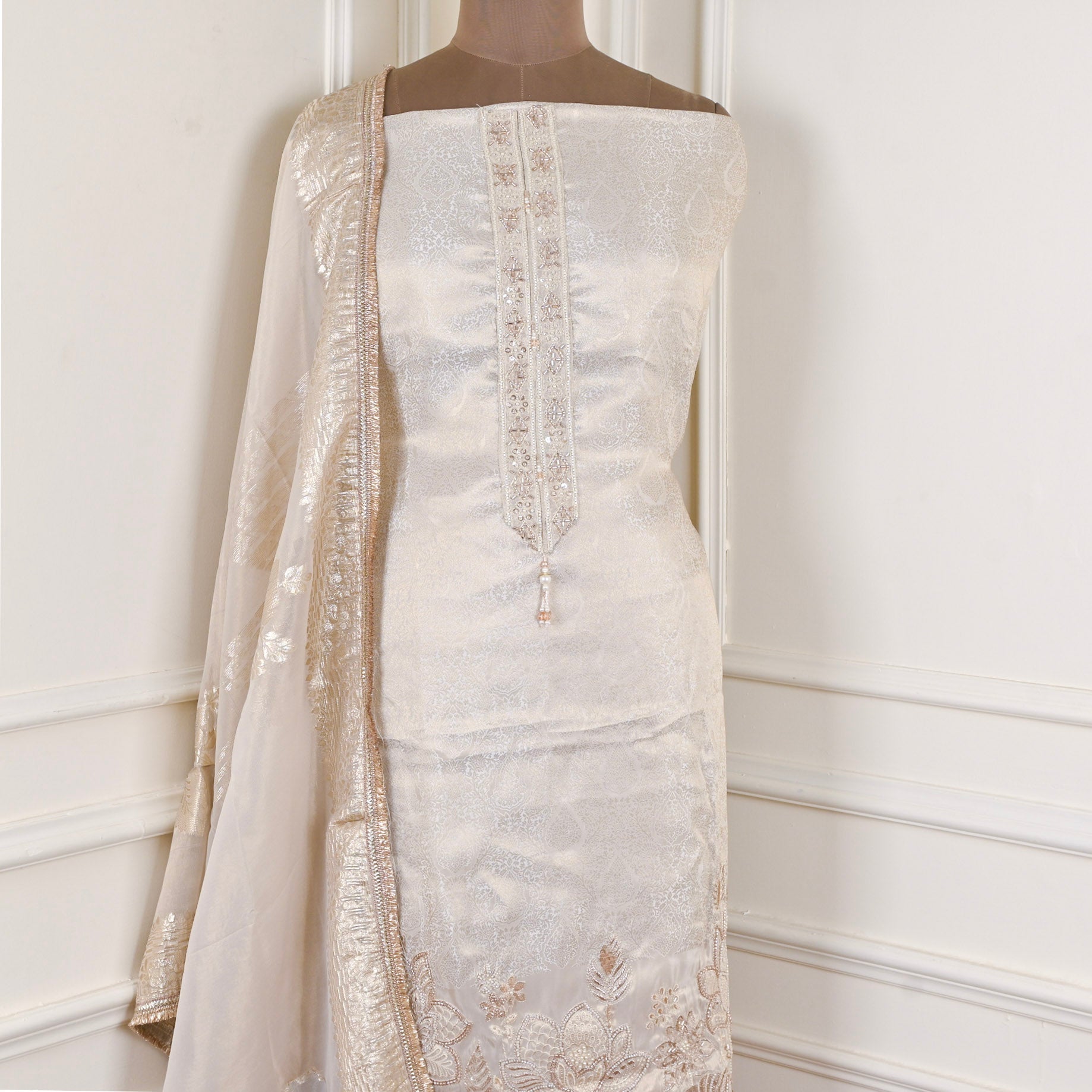 Banarasi Silk Beige Unstitched Suit