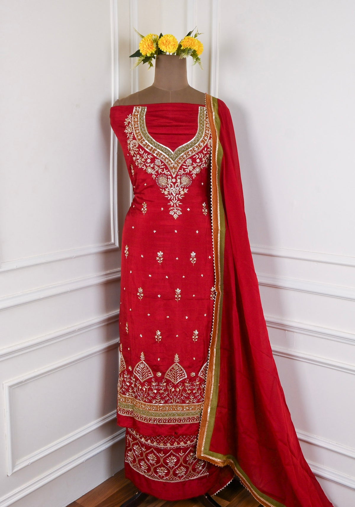 Khadi Maroon Unstitched Suit