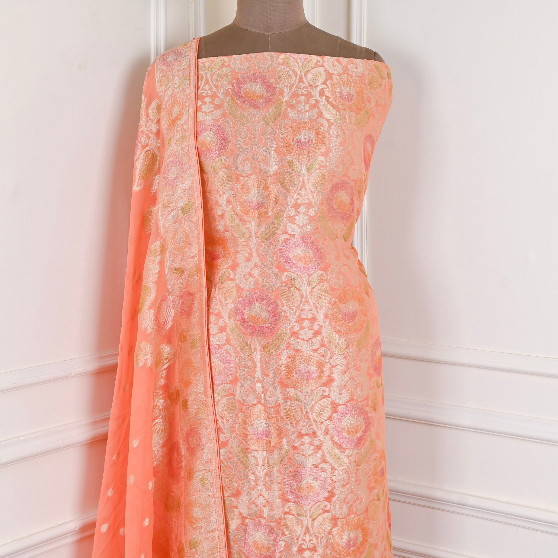 Banarasi Orange Unstitched Suit
