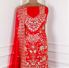 Organza Red Unstitched Suit