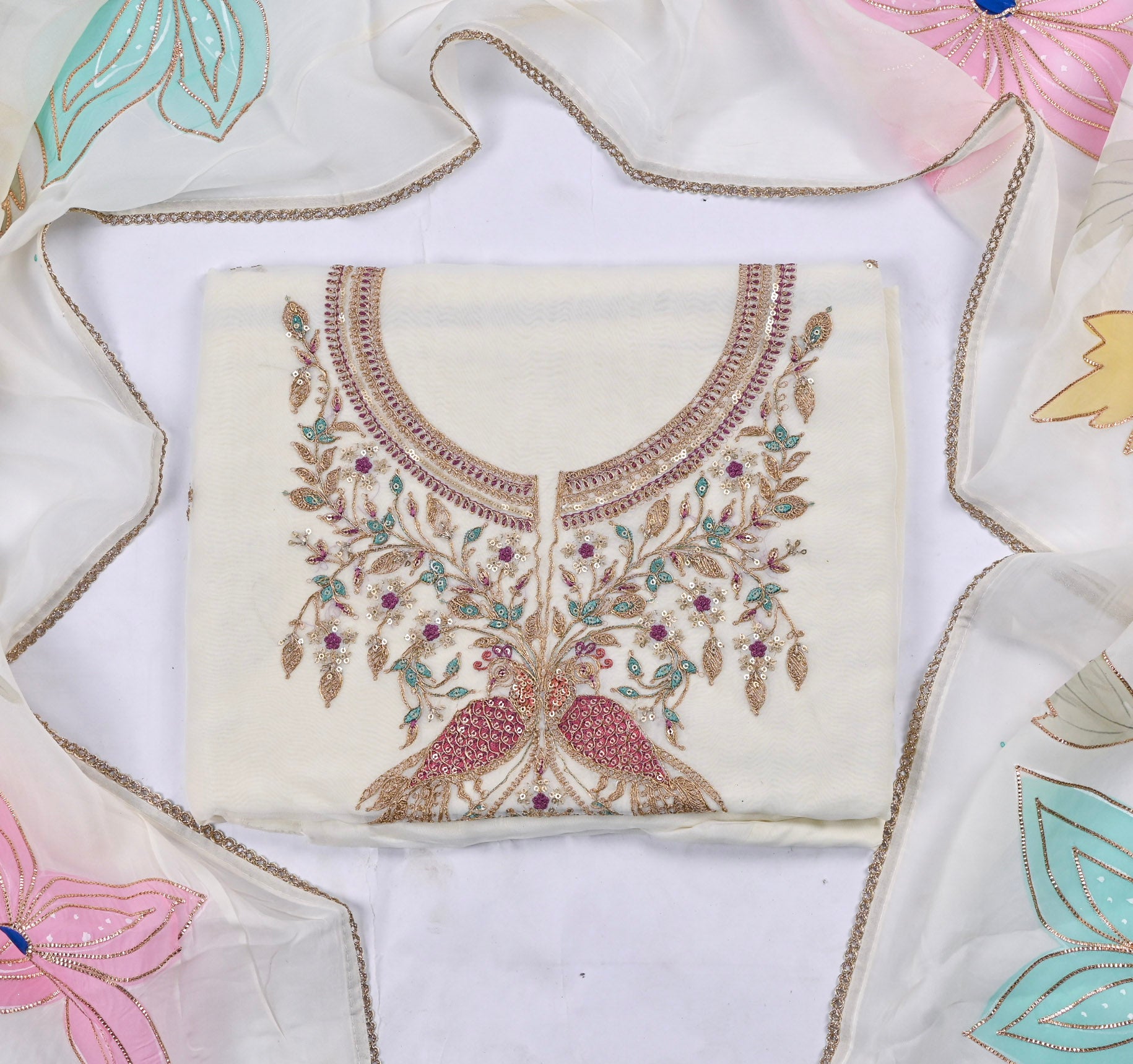 Organza White Unstitched Suit