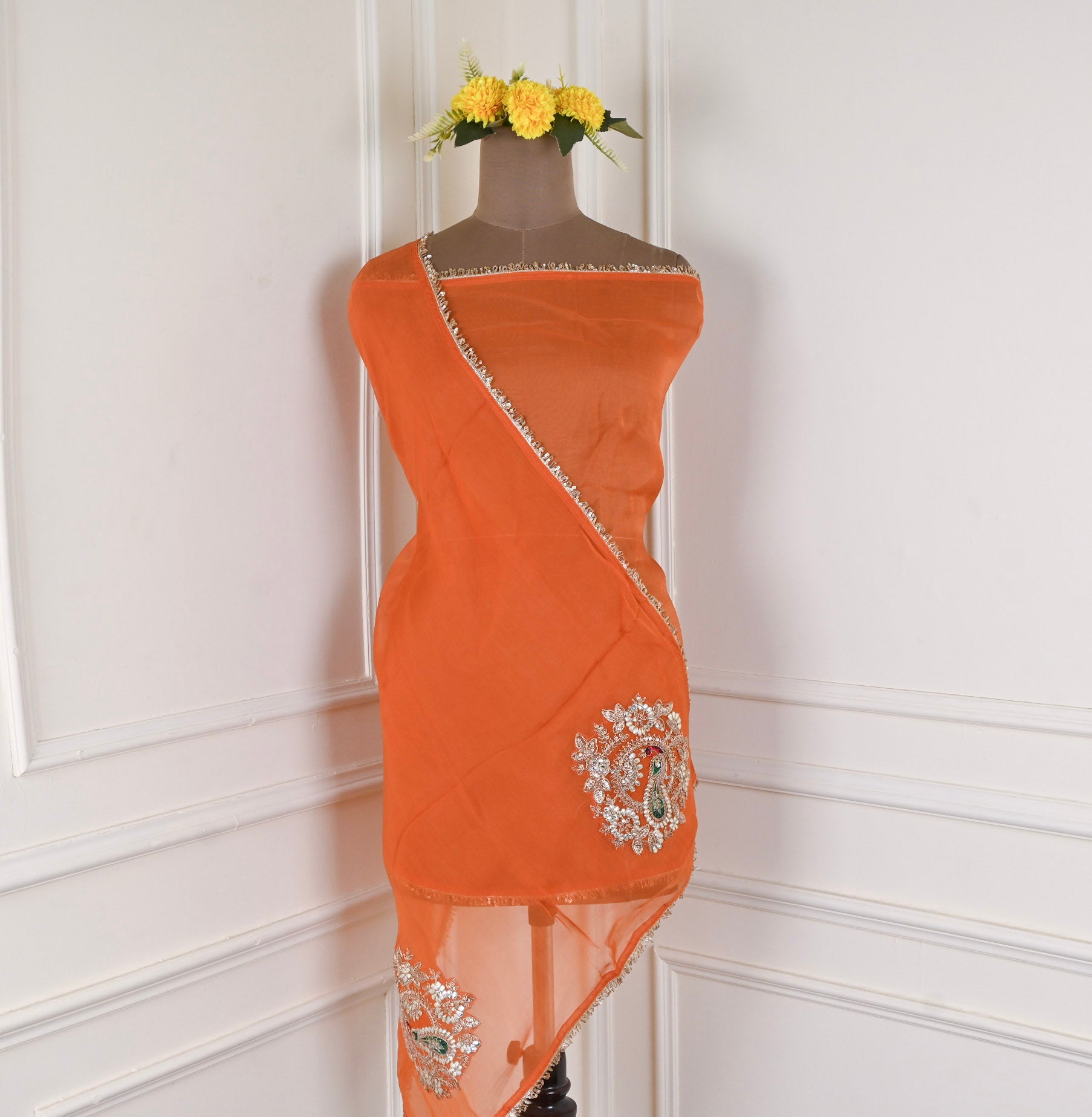Banarasi Orange Unstitched Suit