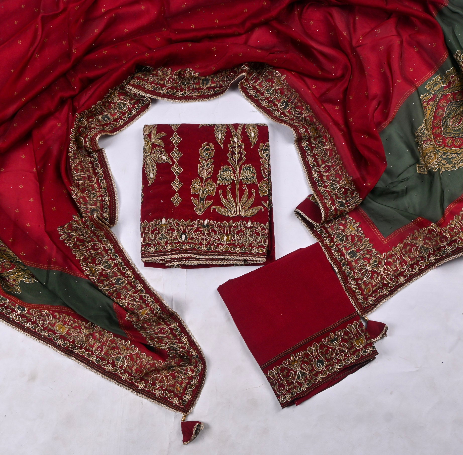 Organza Maroon Unstitched Suit
