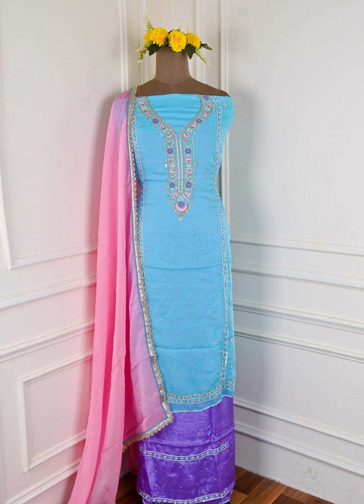 Satin Silk Sky Blue Unstitched Suit