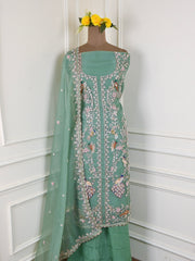 Glass Organza Pista Green Unstitched Suit