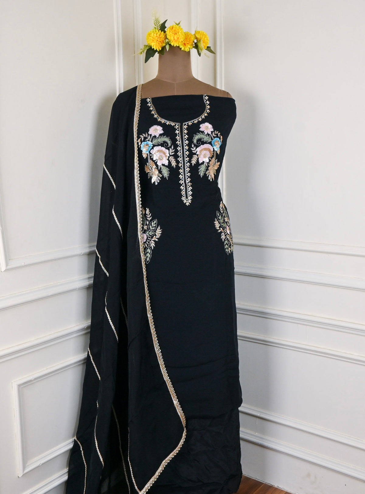 Organza Black Unstitched Suit