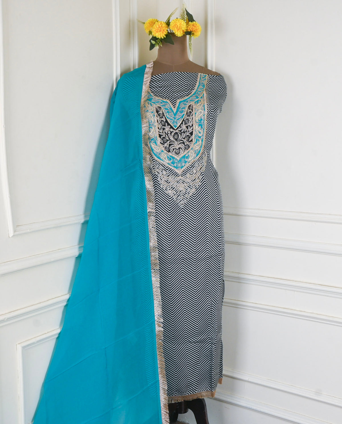 Organza Black & Sky Blue Unstitched Suit