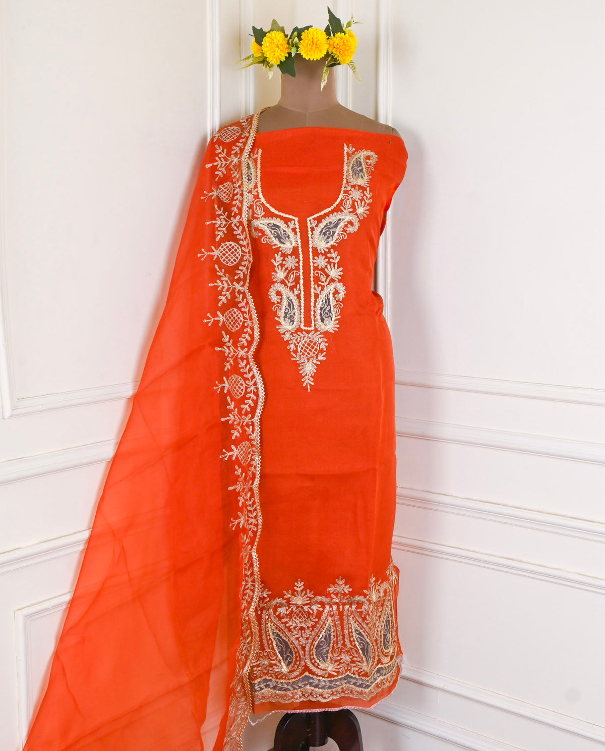 Organza Orange Unstitched Suit