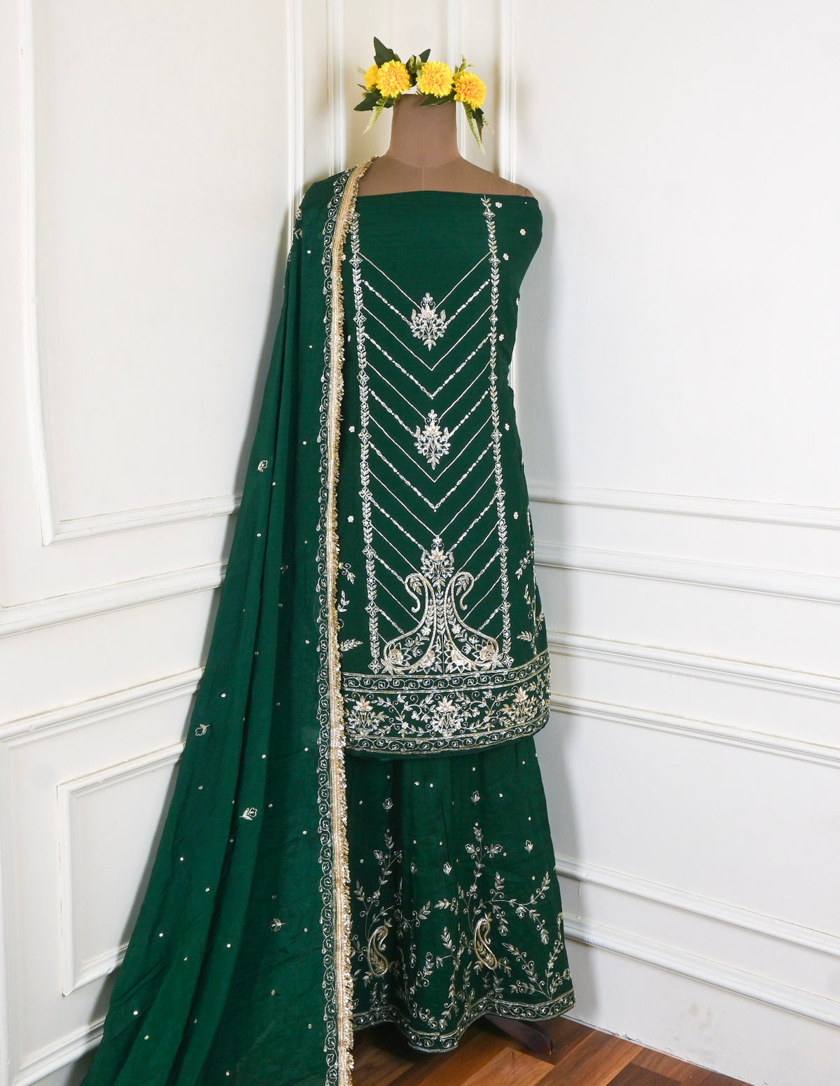 Khadi Green Unstitched Lehenga Suit