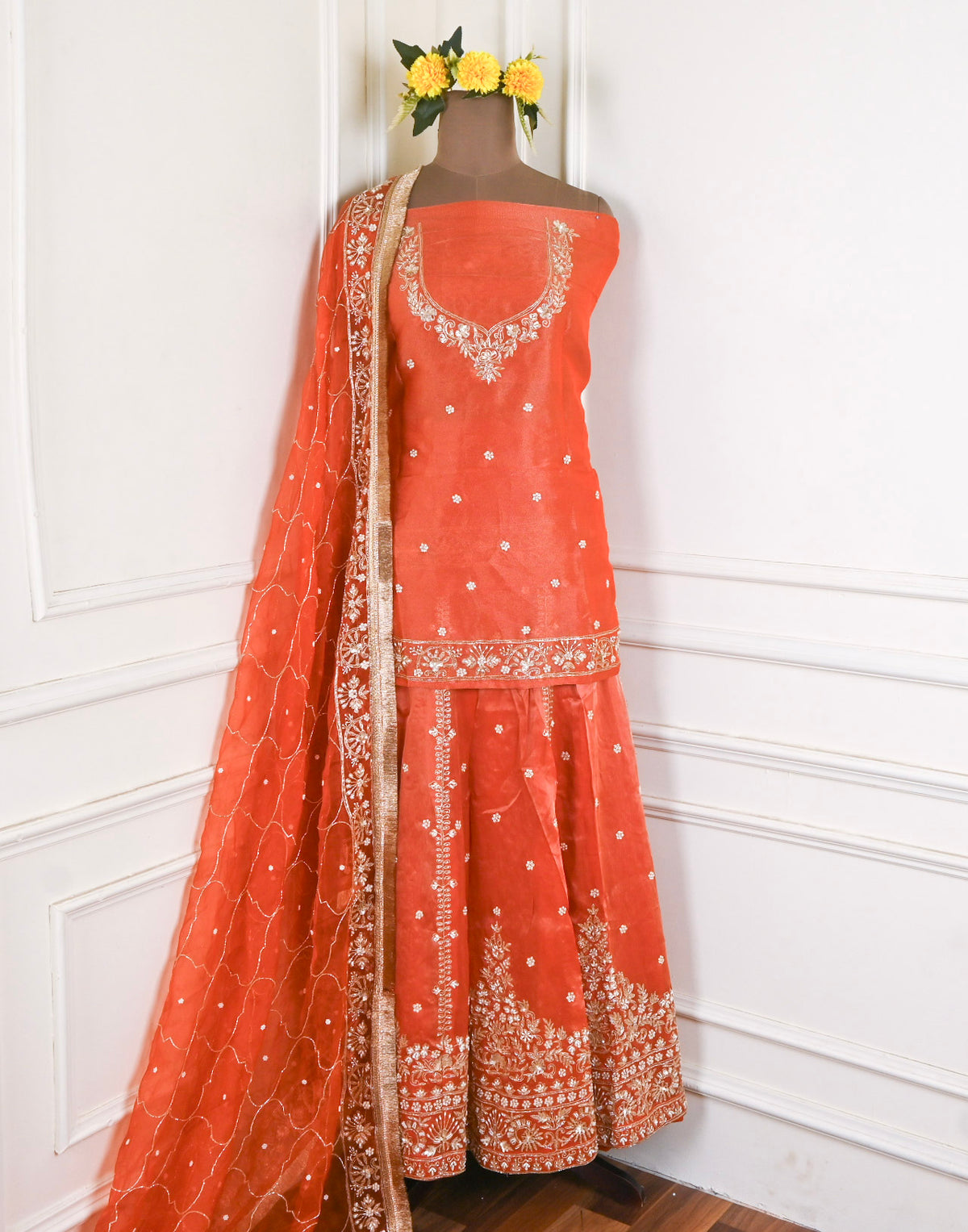 Shimmer Orange Unstitched Lehenga Suit