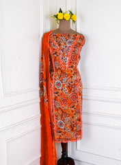 Twill Organza Orange  Unstitched Suit
