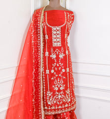 Glass Shimmer Rust Unstitched Lehenga Suit