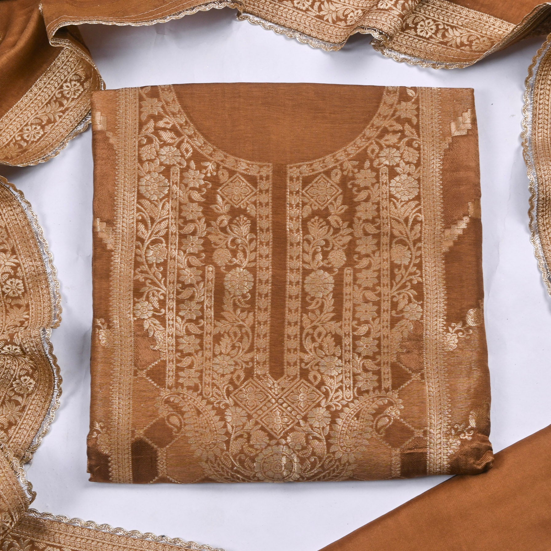 Banarasi Brown Unstitched Suit