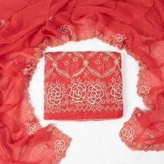Organza Red Unstitched Suit
