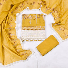 Mul Chanderi Yellow Unstitched Suit