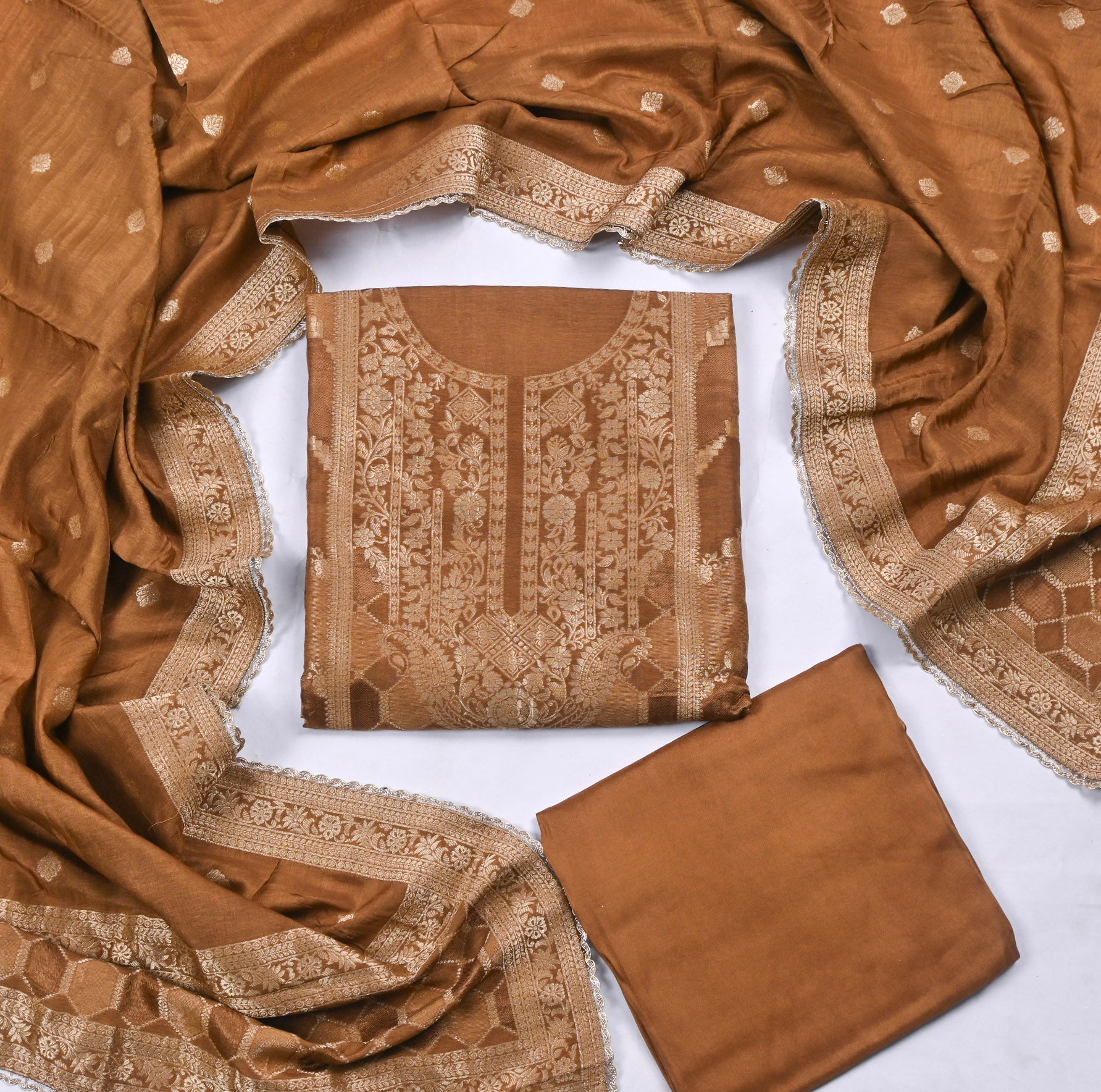 Banarasi Brown Unstitched Suit