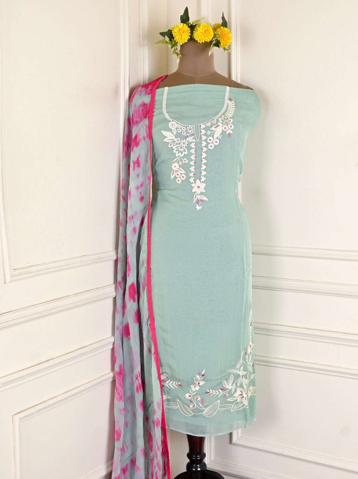 Organza Pista Green Unstitched Suit
