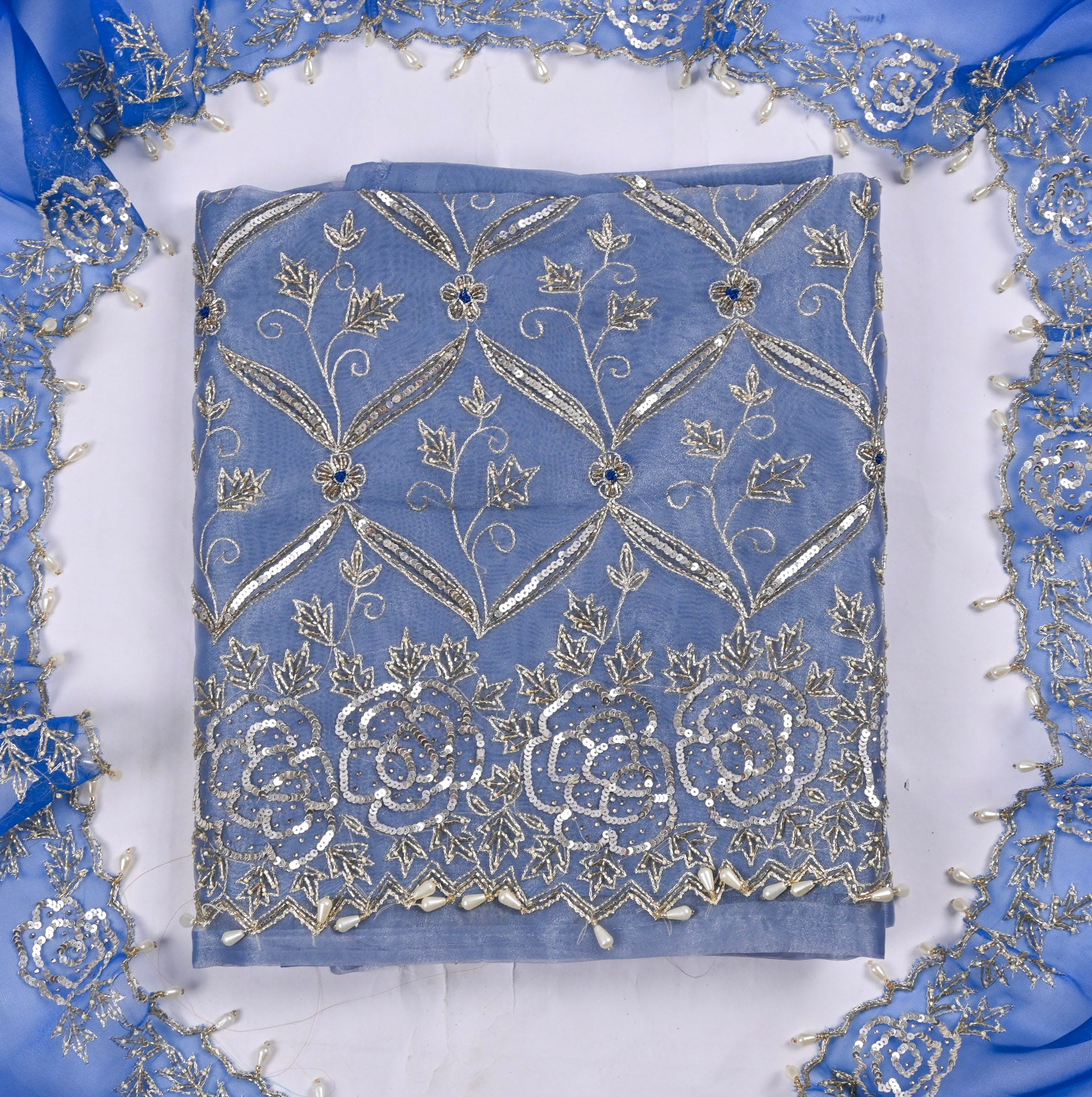 Glass Organza Powder Blue Unstitched Suit