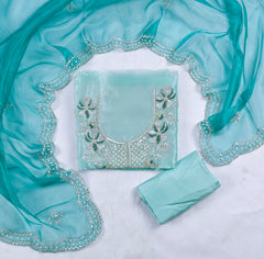 Glass Shimmer Pista Green Unstitched Suit