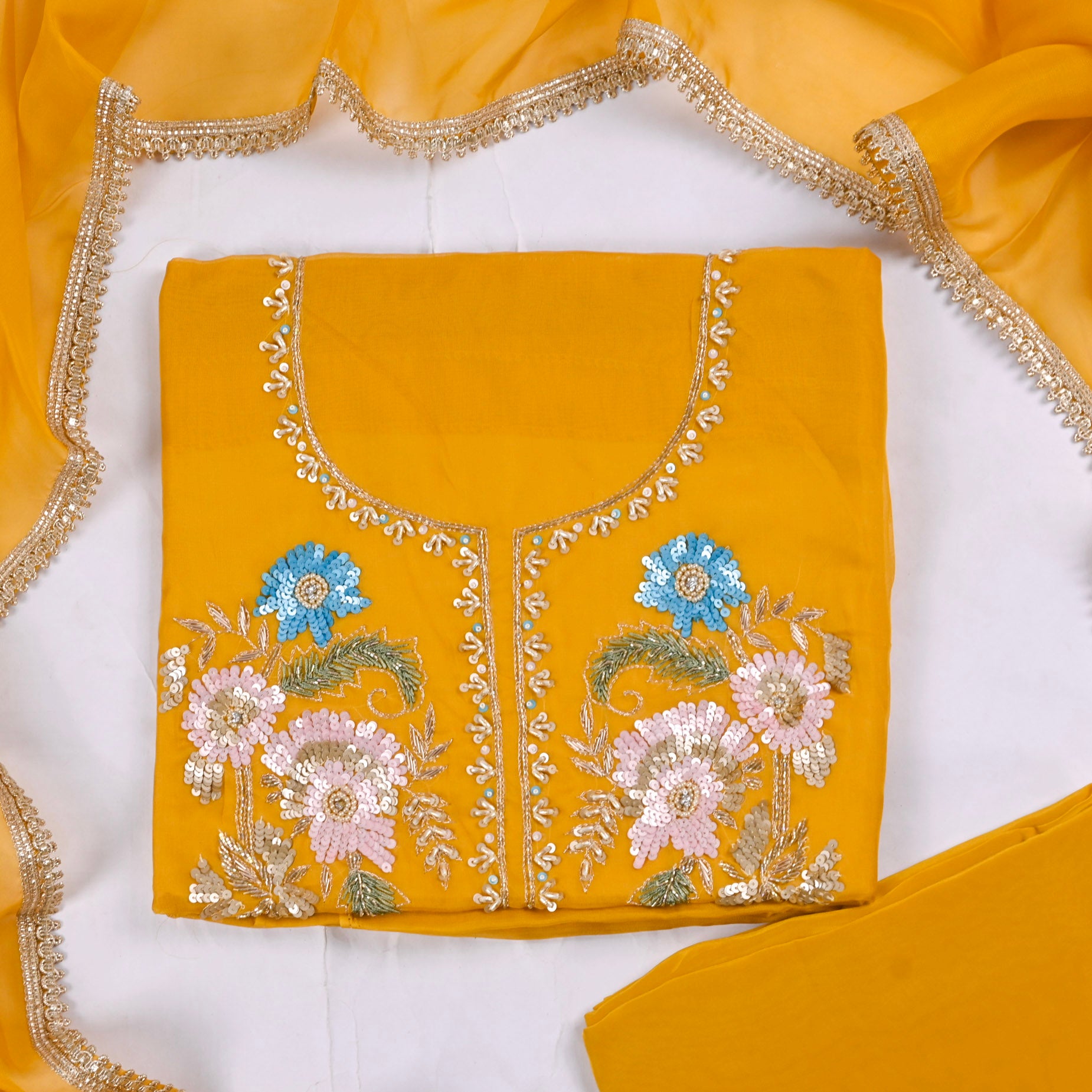 Organza Yellow Unstitched Suit
