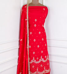 Khadi Red Unstitched Lehenga Suit